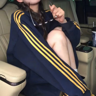 拉链 加绒立领开衫 藏青色三条杠外套女休闲运动秋冬季 2025新款