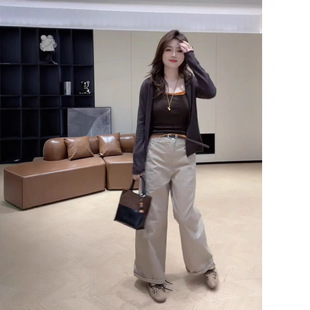 直筒阔腿裤 女初秋假两件吊带上衣开衫 三件套 减龄套装 休闲洋气时尚