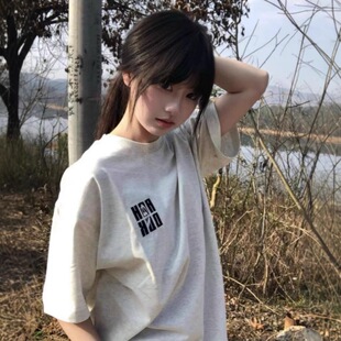 套头圆领ins上衣 字母休闲宽松短袖 刺绣图案210克纯棉女式 T恤新款