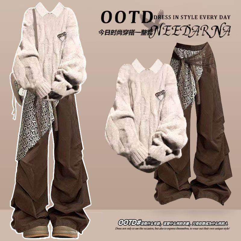 秋季miu里miu气穿搭慵懒风韩系针织毛衣长袖衬衫阔腿工装裤