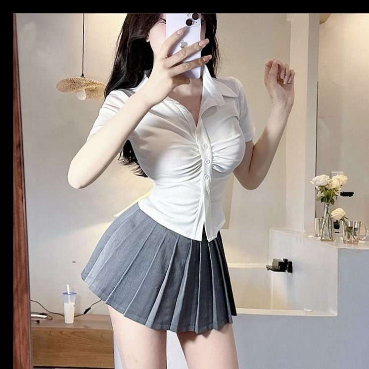 辣妹学院风紧身衬衫收腰衬衫jk制服女显瘦修身短款衬衣百褶裙