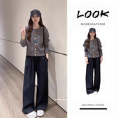 时髦时尚 格纹休闲裤 套装 洋气减龄彩扣圆领针织开衫 女2025秋季 韩版