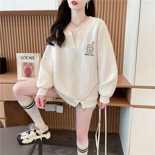 跨境假两件卫衣女甜美风设计感开叉宽松大码 撞色卡通提花卫衣