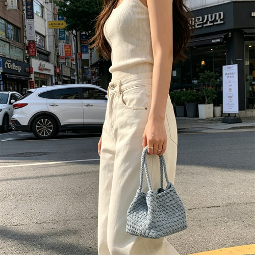 手工编织包牛仔浅蓝菜篮子包