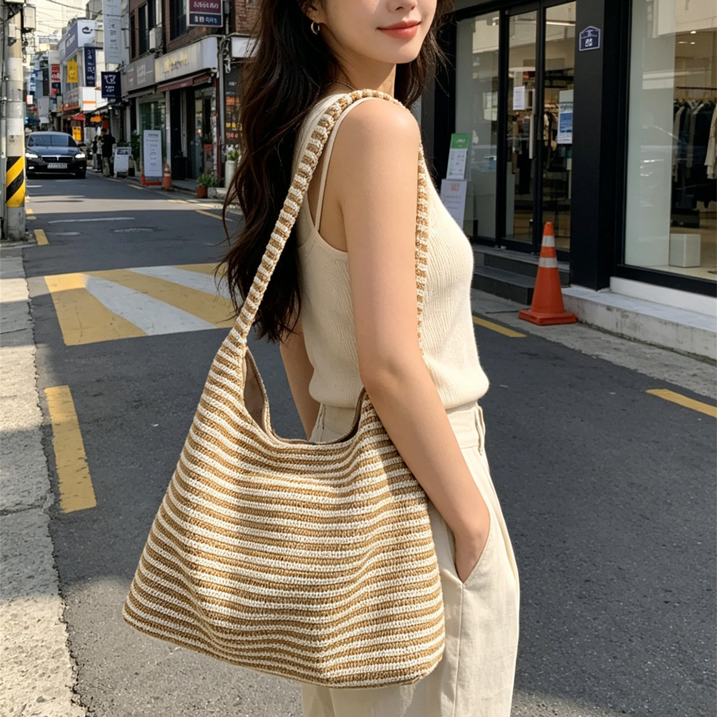 日韩风条纹草编腋下包女大容量