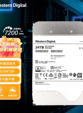 西部数据 24TB 企业级 氦气 机械硬盘 HC580 SATA 7200转 CMR垂直