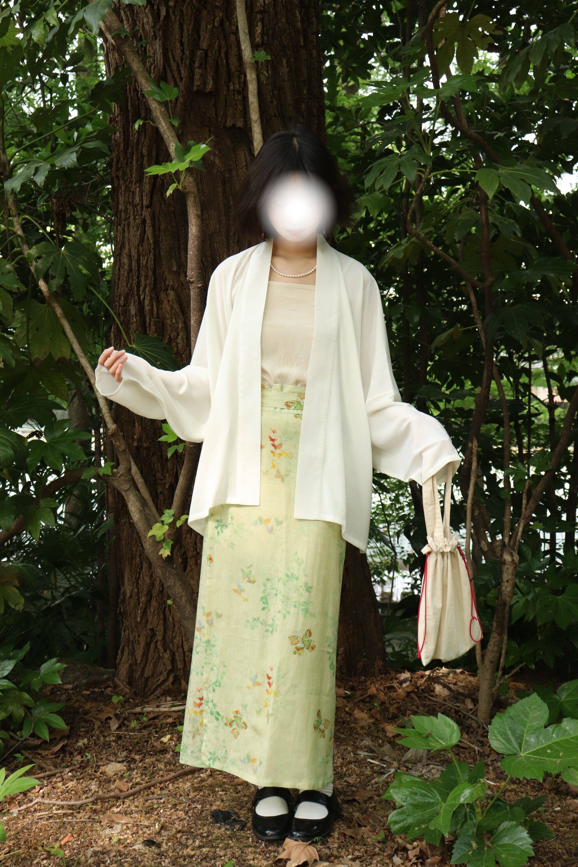 SHANG SHANG ZHE HUA DIE 원래 송나라 스트레이트 칼라 더블 브레스트 비행기 소매 짧은 셔츠 투피스 스커트 나선형 스커트 일일 HANFU