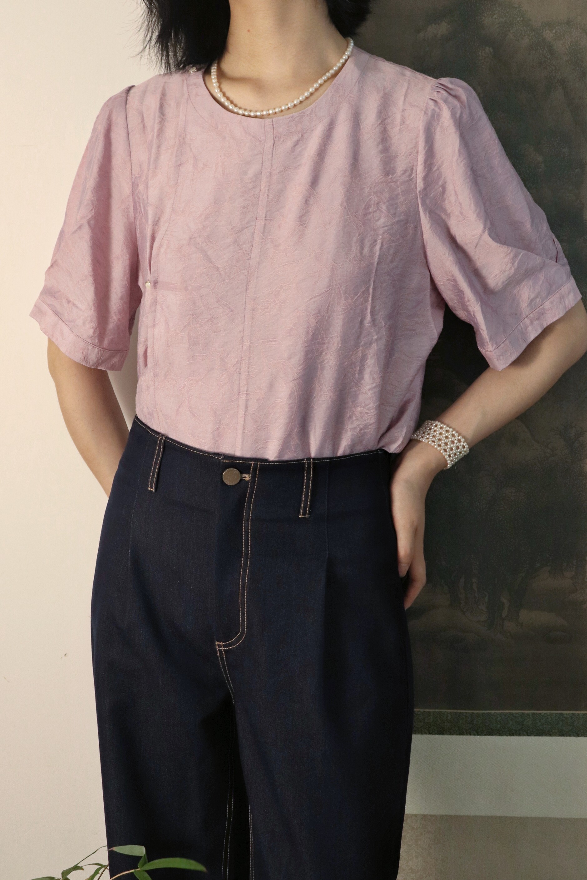 SHANG SHANG ZHE HUA 멀티 컬러 HANFU 요소 당나라 라운드 넥 반팔 짧은 셔츠 데일리 셔츠 국가 스타일 새로운 중국 스타일 봄 여름