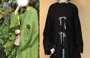 长衫 春夏秋绿黑色天丝明制立领对襟直袖 传统汉服 苍翠 裳裳者华