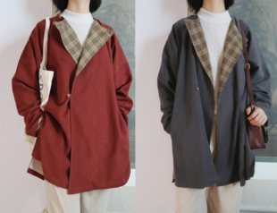 大衣风衣外套春秋冬日常汉服 唐制圆领袍撞色中长款 裳裳者华 小豆