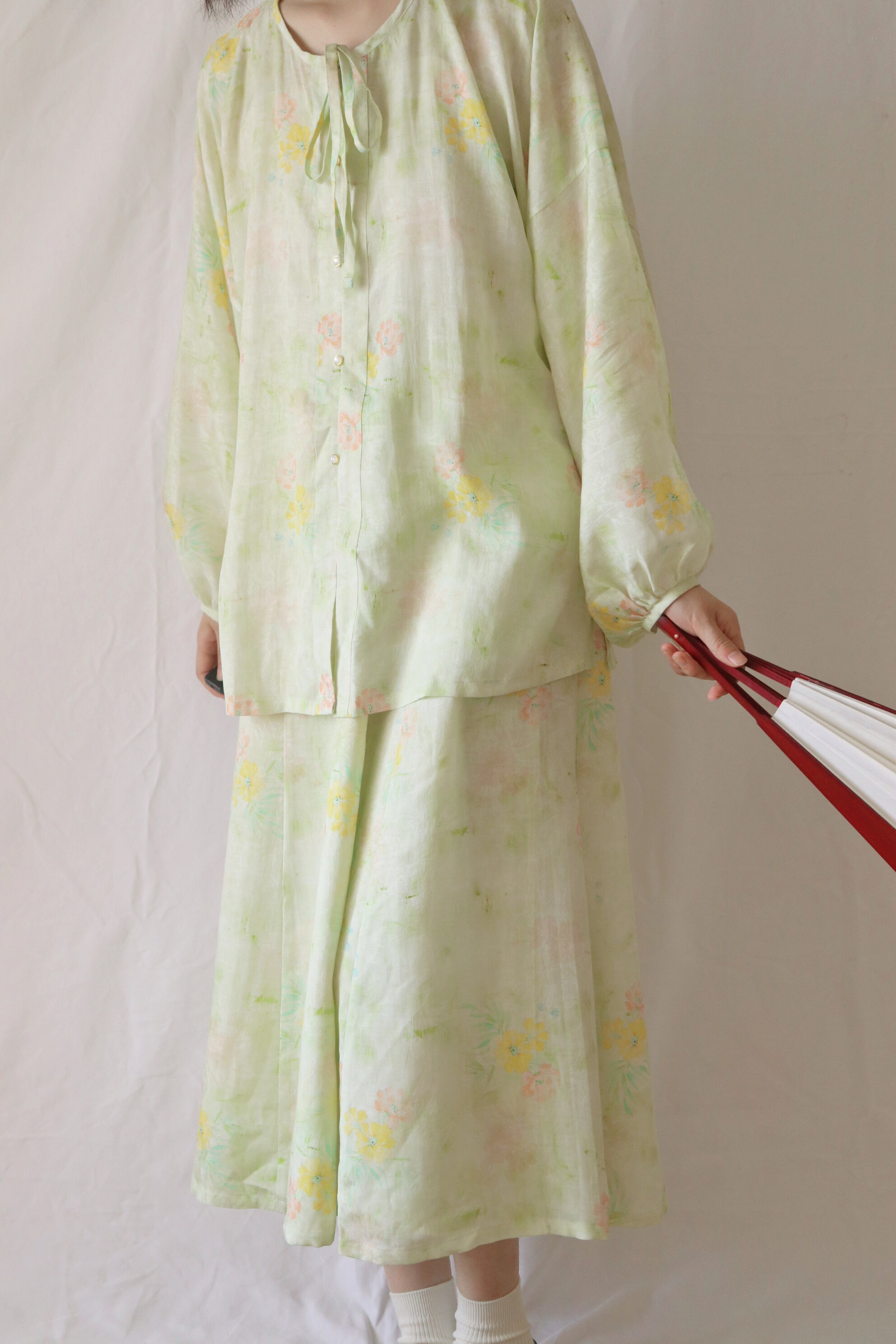 상상 중국 한복 원소 텐셀 자카드 프린트 라운드 넥 더블 브레스티드 블라우스 당나라 찢어진 스커트 봄 여름 가을