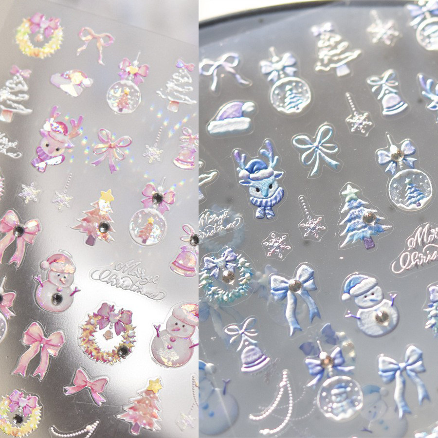 新款圣诞节系列美甲贴纸高级晶钻蓝色粉色圣诞雪人蝴蝶结指甲贴