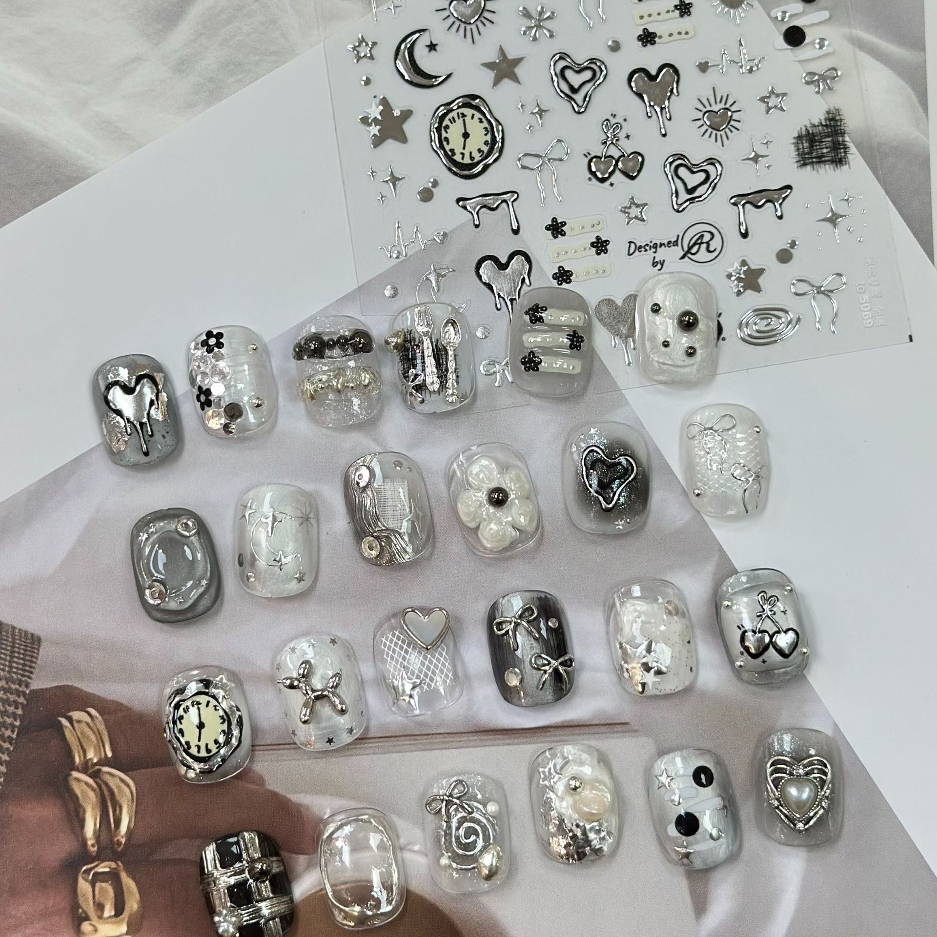 金属银色暗黑风液态星月爱心美甲贴纸复古朋克风蝴蝶结指甲装饰品