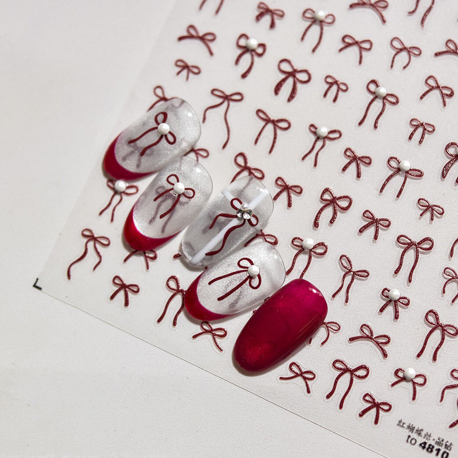 烫金安可拉红色蝴蝶结美甲贴纸新年红飘带领结珍珠晶钻5d指甲贴纸