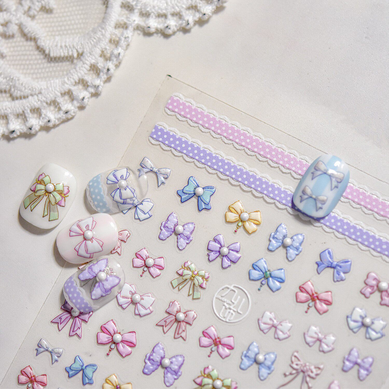 ins甜妹少女风蝴蝶结美甲贴纸立体浮雕珍珠领带蝴蝶结5d指甲贴纸