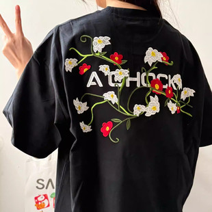 Achock美式风黑色花卉刺绣短袖T恤男女宽松圆领百搭上衣