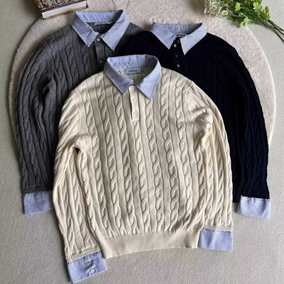 Xanvas同款绞花假两件拼接条纹长袖毛衣针织衫老钱风cleanfit