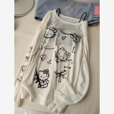 可爱卡通Kitty猫印花圆领长袖T恤女秋冬新款宽松显瘦休闲百搭上衣