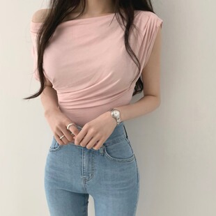 气质女人味斜肩包肩袖不对称Ｔ恤衫女薄款皱褶收腰背心上衣短袖潮
