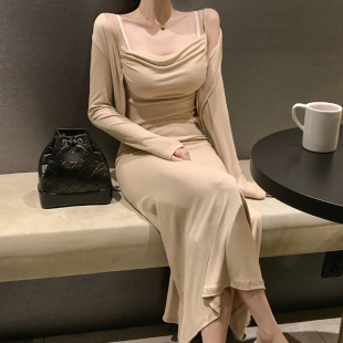 韩国东大门米色短款外搭开衫上衣女春季荡领吊带连衣裙长裙两件套