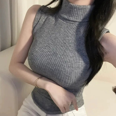 复古黑色高领无袖螺纹背心女春季修身显瘦打底衫辣妹短款百搭上衣