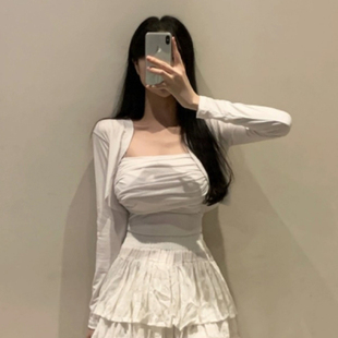 性感辣妹褶皱紧身抹胸开衫套装女春秋新款修身显瘦短款上衣两件套