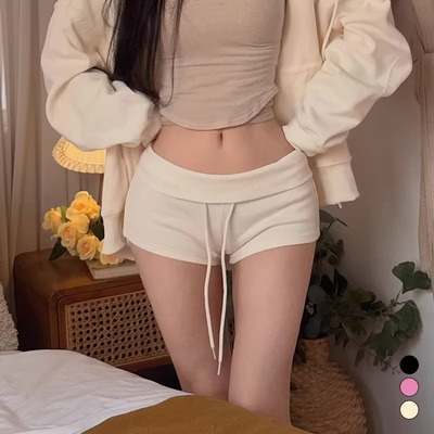 韩系穿搭性感辣妹白色修身百搭简约抽绳系带运动短裤女低腰热裤子