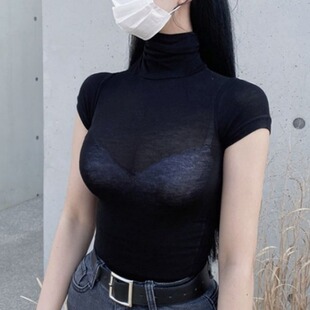 柔软亲肤薄款透视高领短袖T恤打底衫女性感紧身纯色上衣黑色新款