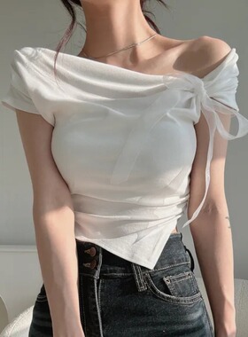 韩版白色一字肩吊带背心女夏季设计感收腰蝴蝶结内搭辣妹短款上衣