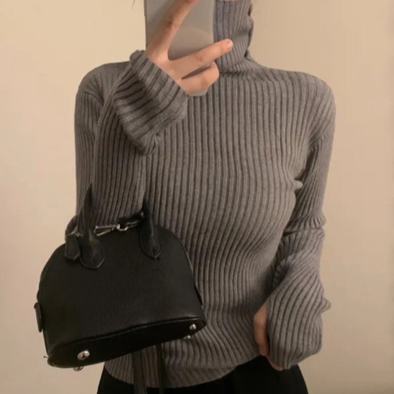 灰色高级感坑条高领毛衣女秋冬打底修身内搭上衣洋气长袖针织衫