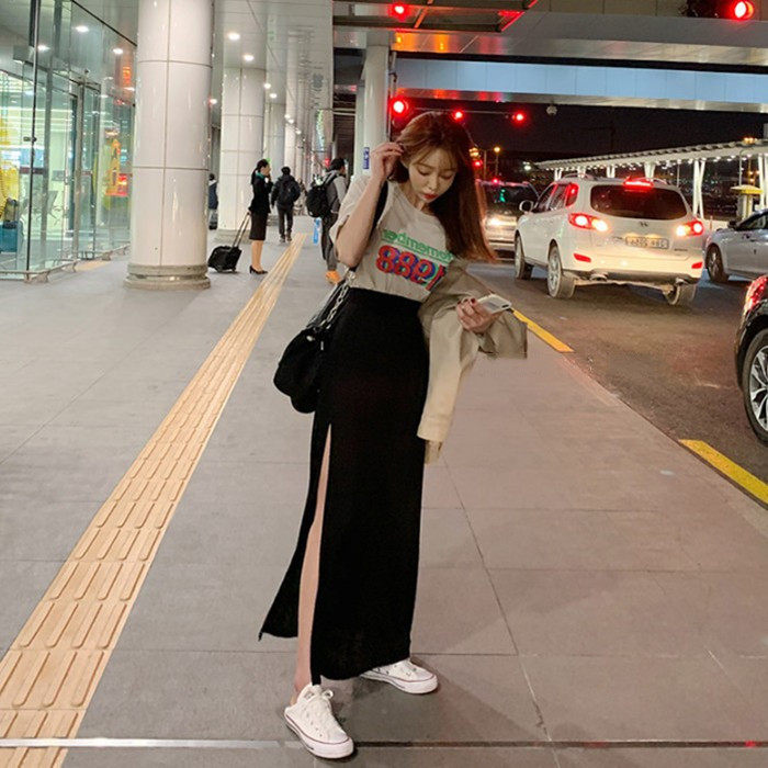 韩国网红百搭高腰中长款半身裙秋女2020开叉黑色休闲直筒包臀长裙在类目 女装/女士精品, 半身裙中 - 来自Buy2taobao.com提供专业的淘宝代购服务