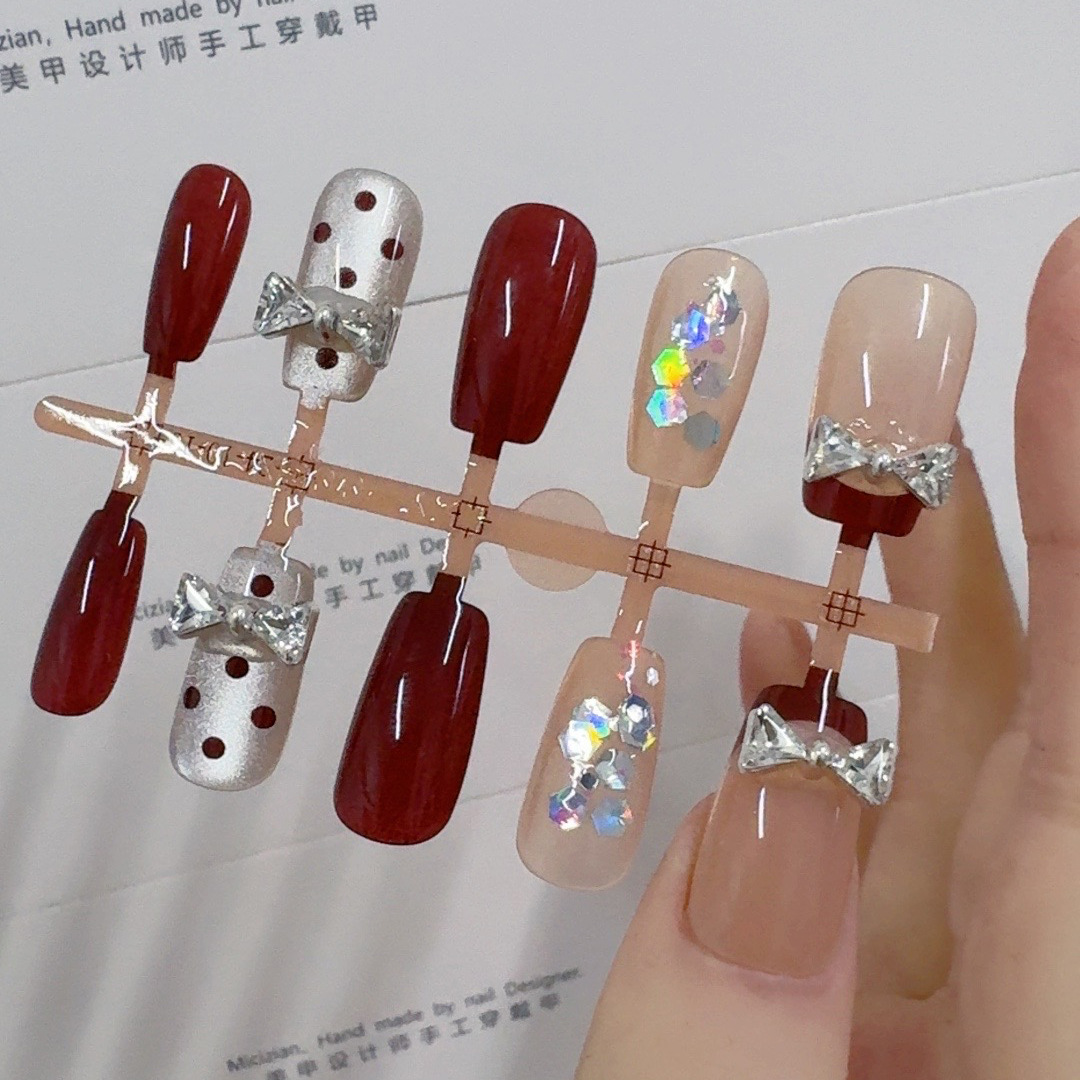 6075#纯手工穿戴甲新品半手工猫眼袁柠七美甲假指甲贴片成品