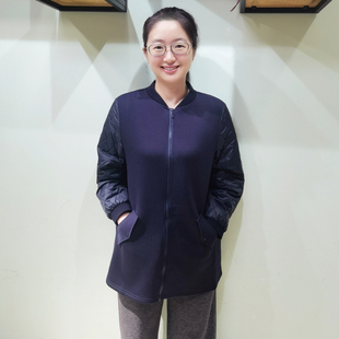 YUN韫2023冬季新品女装棒球领拉链拼料中长款女风衣 韩版棉衣3118