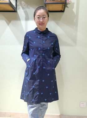 韫YUN韩版薄款女风衣2022秋季娃娃领深蓝色绣花长款女薄外套 1808