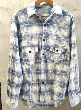 高街破坏渲染水洗蓝色方领格纹衬衫格子男女上衣衬衣外套长袖