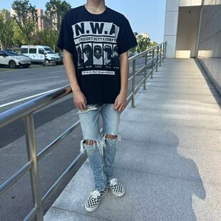 明亮叔出品新款重磅匪帮白墨印花vintage高街水洗做旧复古vtg短袖