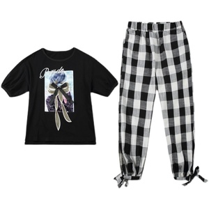 RM14833#大码女装2023夏款短袖洋气两件套胖MM遮肚显瘦T恤格子裤子套装潮