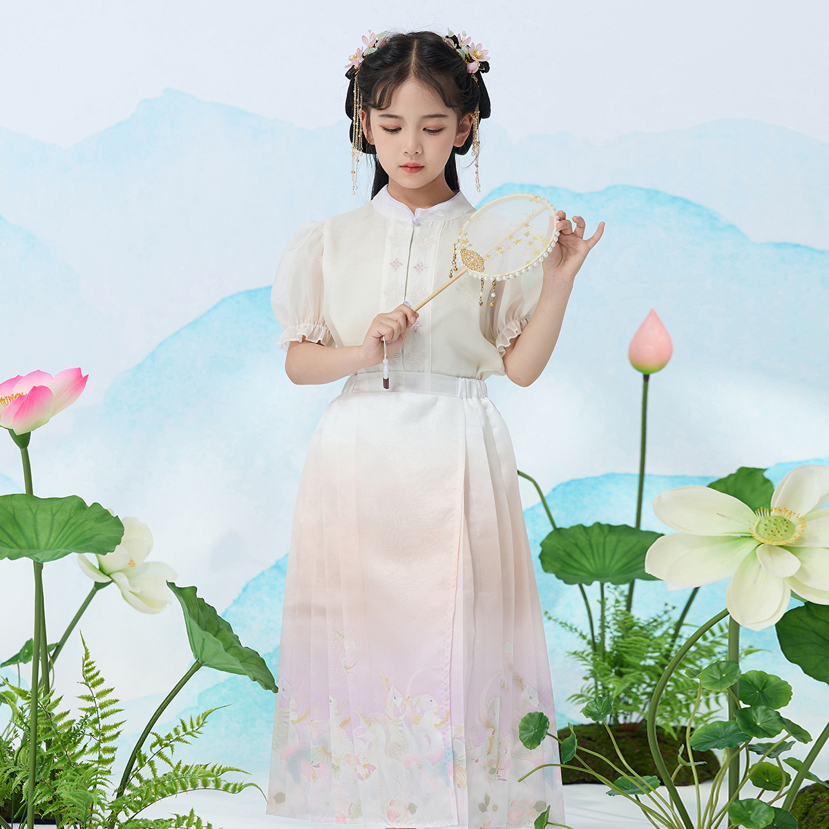 女童马面裙套装2025夏季儿童新中式两件套中大童国风汉服裙子