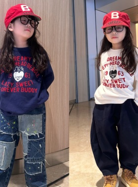 闲闲家春秋款dd 童装男女童字母刺绣圆领上衣日系儿童棉质长袖T恤