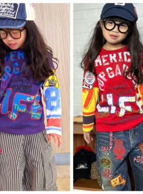 25年春秋新款dd童装日系儿童假两件长袖T恤男女宝宝字母印花上衣