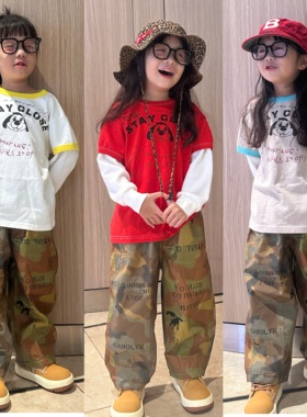 闲闲家25年春秋dd童装儿童假两件长袖T恤日系男女童小狗印花上衣