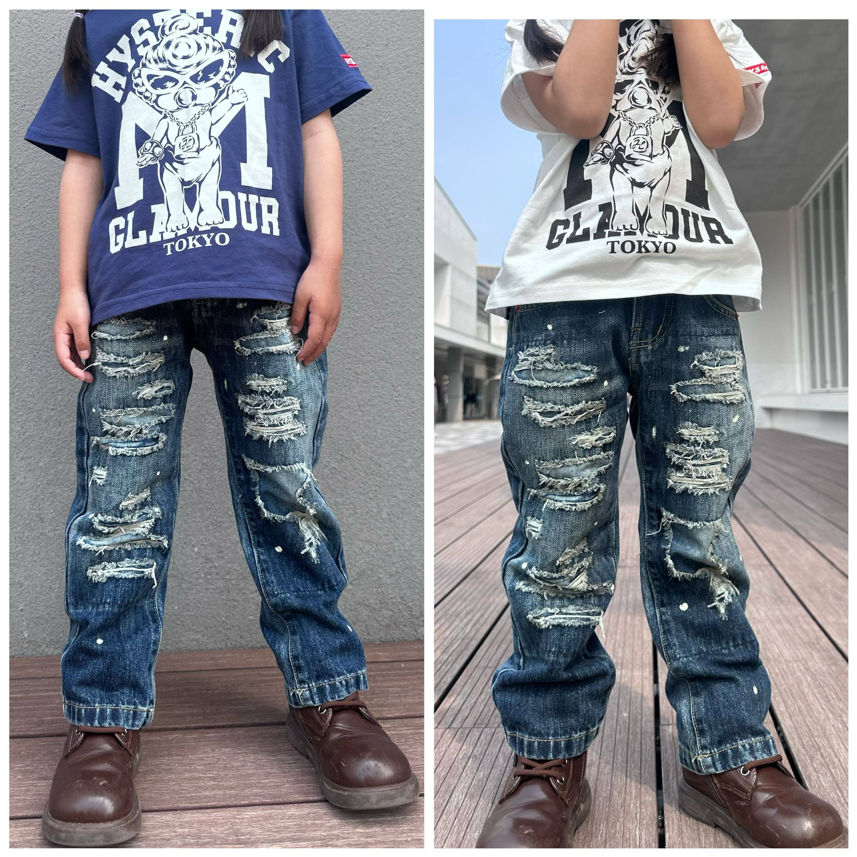 日系儿童春秋款磨破牛仔裤直筒裤