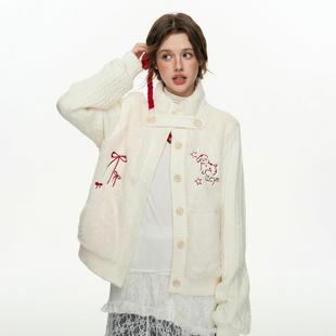 CyNi 甜美针织拼接兔毛外套上衣夹棉开 衫加绒加厚2024冬软糯温柔