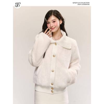 QDQD 甜美可爱风软糯大翻领环保皮草秋冬新款白色皮毛一体外套女