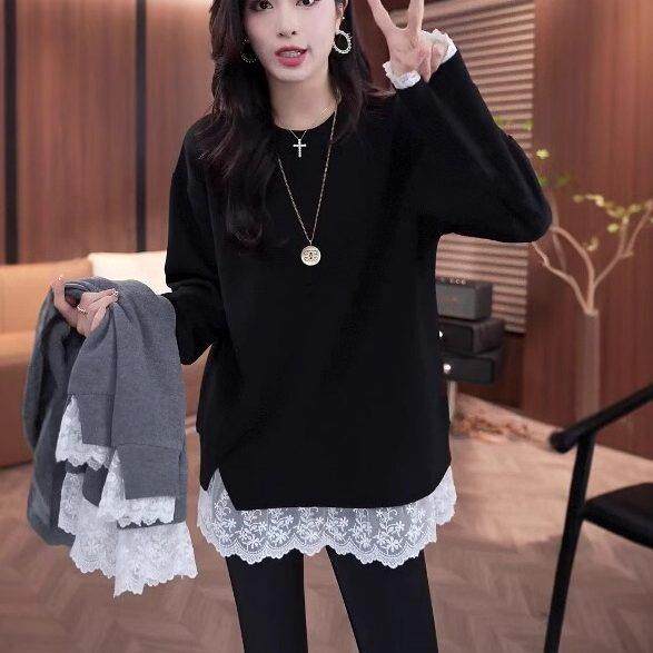 蕾丝花边拼接假两件保暖加厚卫衣女冬时尚叠穿内搭中长款宽松上衣