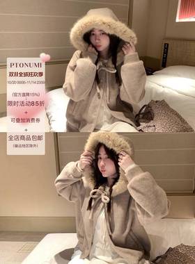 燕麦暖绒蝴蝶结绑带毛领连帽毛呢厚外套女冬季加厚高级感棉服冬装