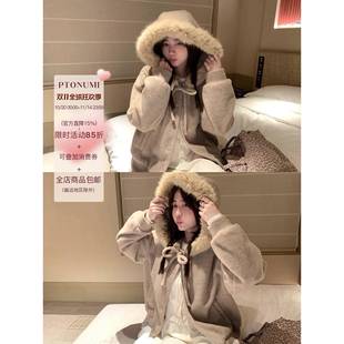 燕麦暖绒蝴蝶结绑带毛领连帽毛呢厚外套女冬季加厚高级感棉服冬装