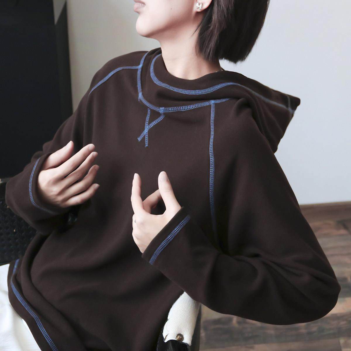 两件包邮 柔！柔！柔！撞色美 连帽加绒宽松长袖打底衫卫衣女秋冬