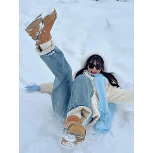 浅色直筒窄版牛仔裤女2025新款冬季小个子高腰宽松阔腿加绒裤子潮