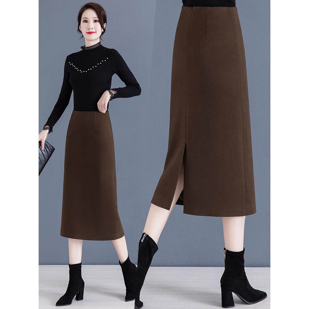 高腰加厚毛呢半身裙女秋冬季中长款2025新款羊毛直筒裙冬天长裙子